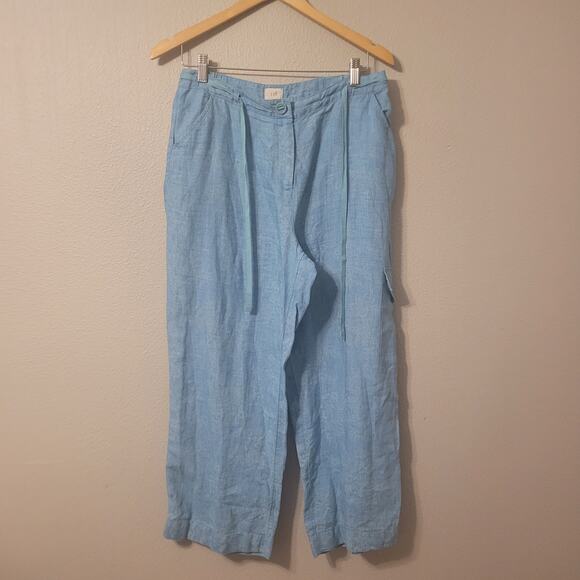 J Jill 100% Linen Cargo Pants Womens 10 Blue Thin Belt Wide Leg Light Pattern - Picture 1 of 9